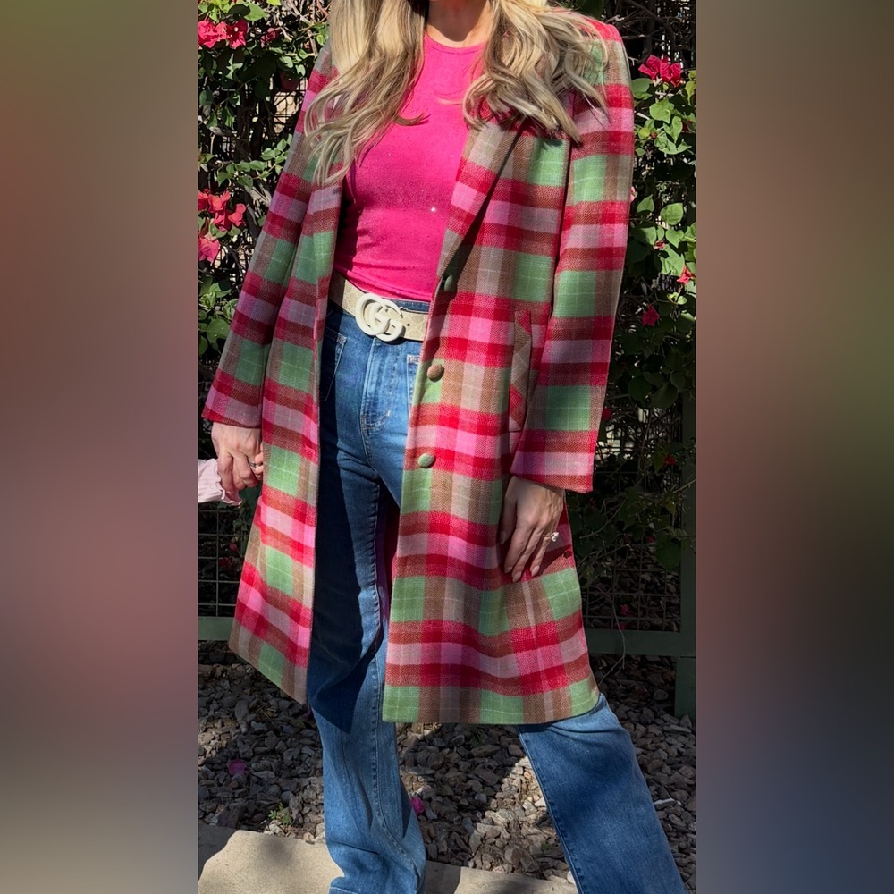Ivy City Co Pink, Green & Red Plaid Wool Coat